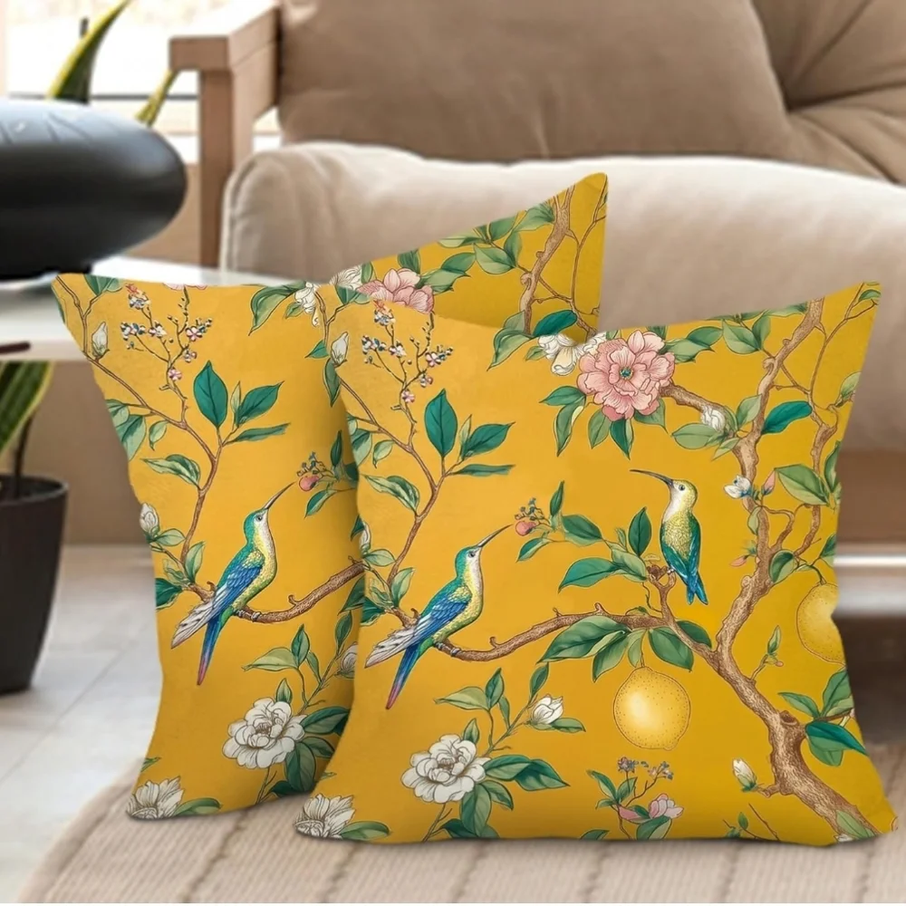 NEW! Set Of Golden Citrus Floral Throw Pillow Covers 18x18 - Picture 2 of 4